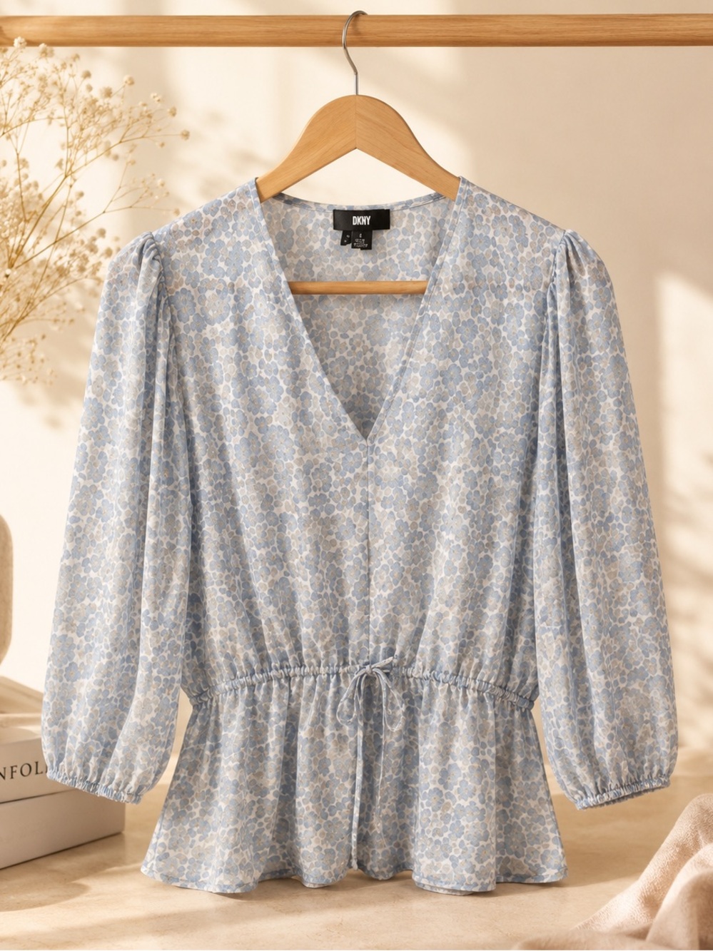 DKNY Blue Long Sleeve Floral Peplum Top NWT Size Small